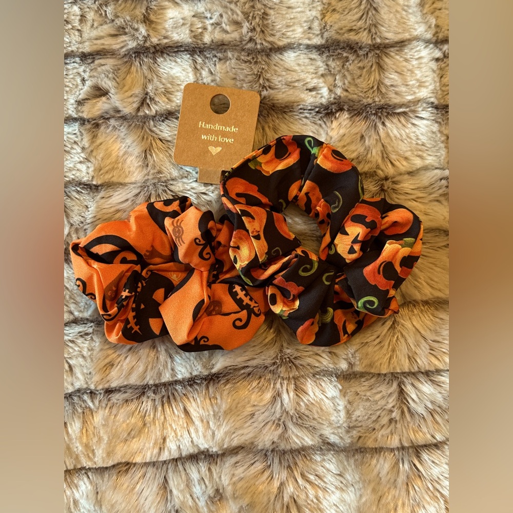 Handmade Halloween Scrunchies -  Pumpkin Jack-O’-Lantern Set (2-Pack) 🎃